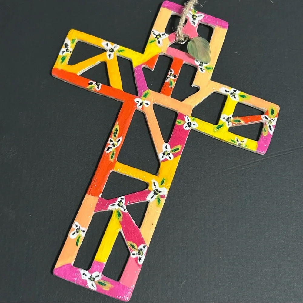 Hand Painted Cross Ornament Wooden Tropical Floral with Leaf Frosted Charm